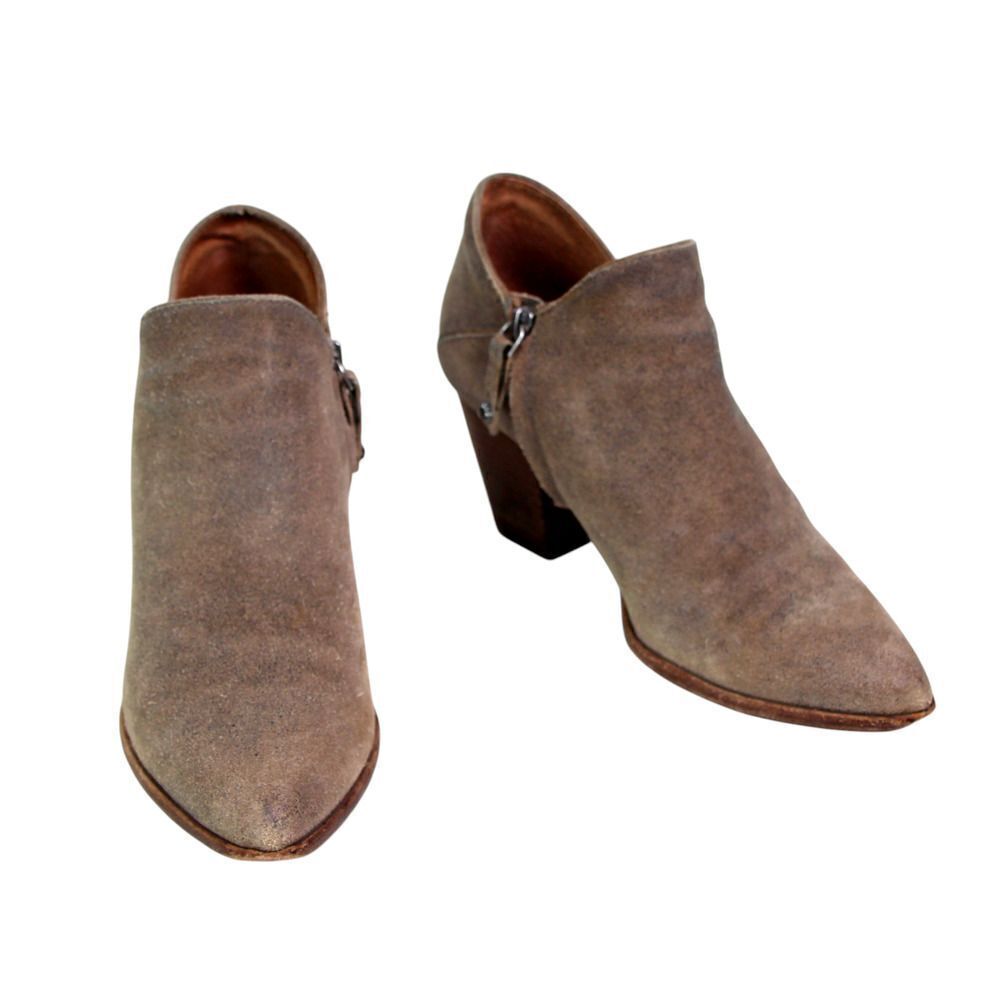 Frye BEIGE REAL LEATHER SUEDE MID HEEL ALMOND TOE ZIP SIDE ANKLE BOOTS Sz 8.5M